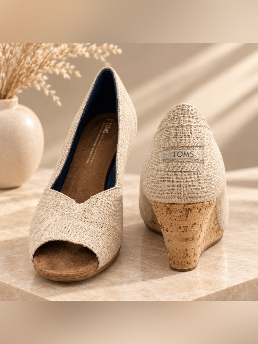 TOMS Stella Cork Wedge Sandals Womens Oatmeal Woven Open Toe Slip On Size 9
